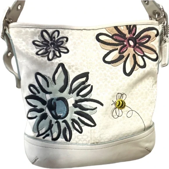 Coach '07 Y2K Suede Flowers & Embroidered Bee White Mini C Jacquard Shoulder Bag - Picture 3 of 14